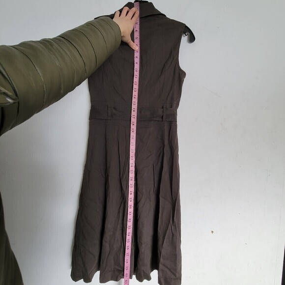 Theory Brown Button Front Sleeveless Linen Belted Pleated Back Midi Dress Size 8 - Picture 6 of 12